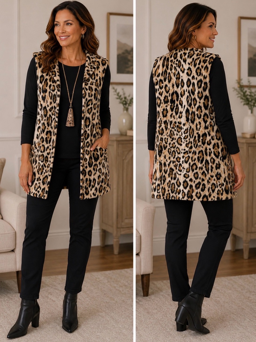 Chico’s Leopard Print Faux Fur Open Front Vest Size 2